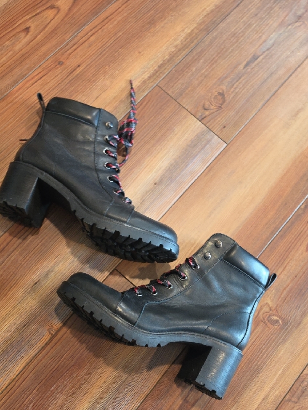 Vince Camuto Black Lace-Up Chunky Heel Boots with Red-Accented Laces - Picture 4 of 9